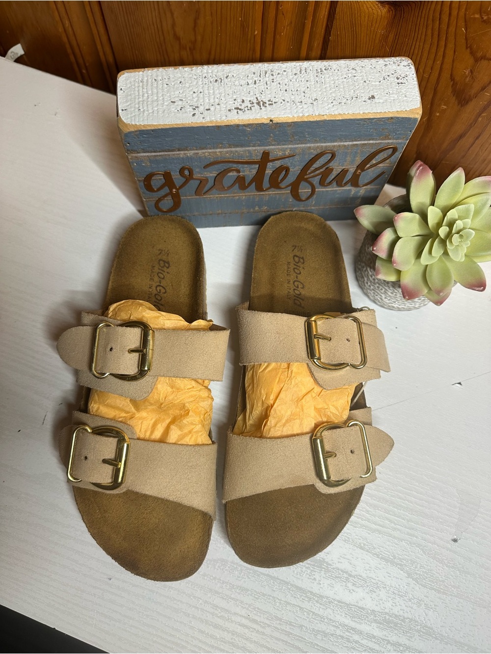 Kids Neutral Beige Double-Buckle Slide Sandals with Gold Buckles